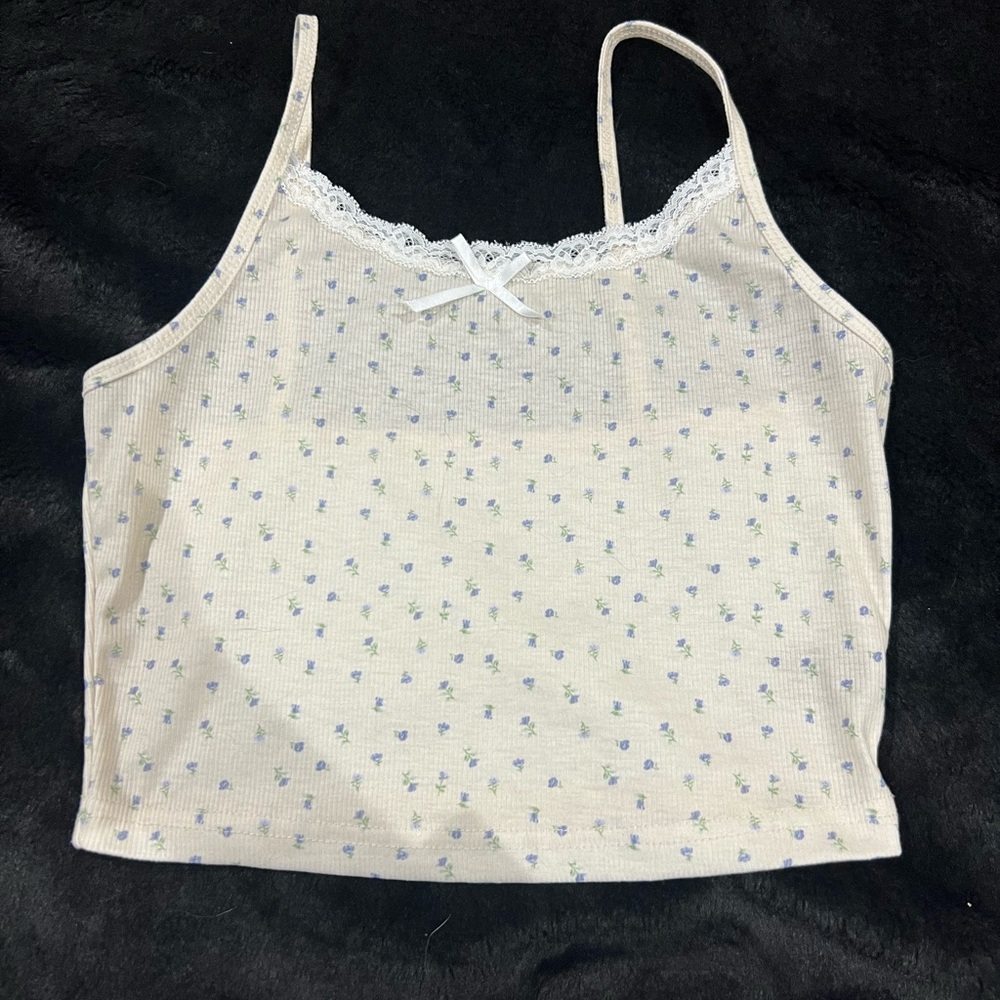 Dazy Blue Floral Ribbed Crop Tank Top